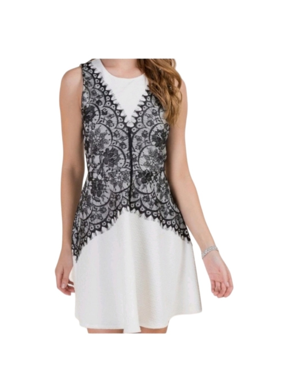 Francesca's Collections White Dress with Black Lace Overlay Size S